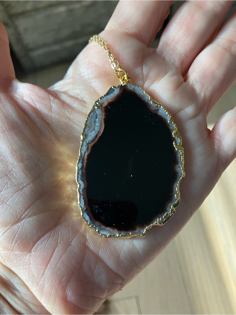 Gold-Trim Black Agate Slice Necklace